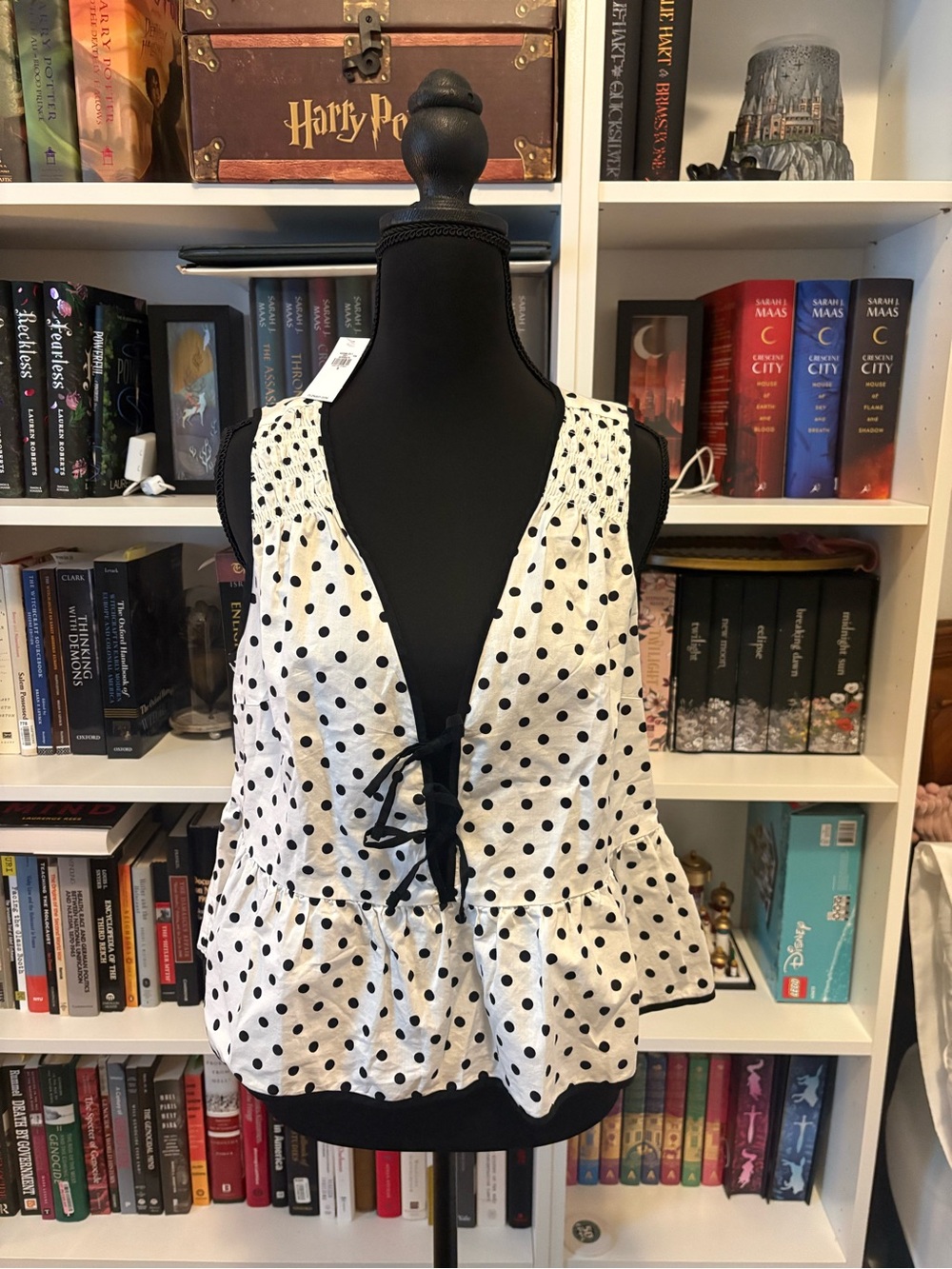 NWT Old Navy Polka Dot Tie-Front Peplum Top - White/Black